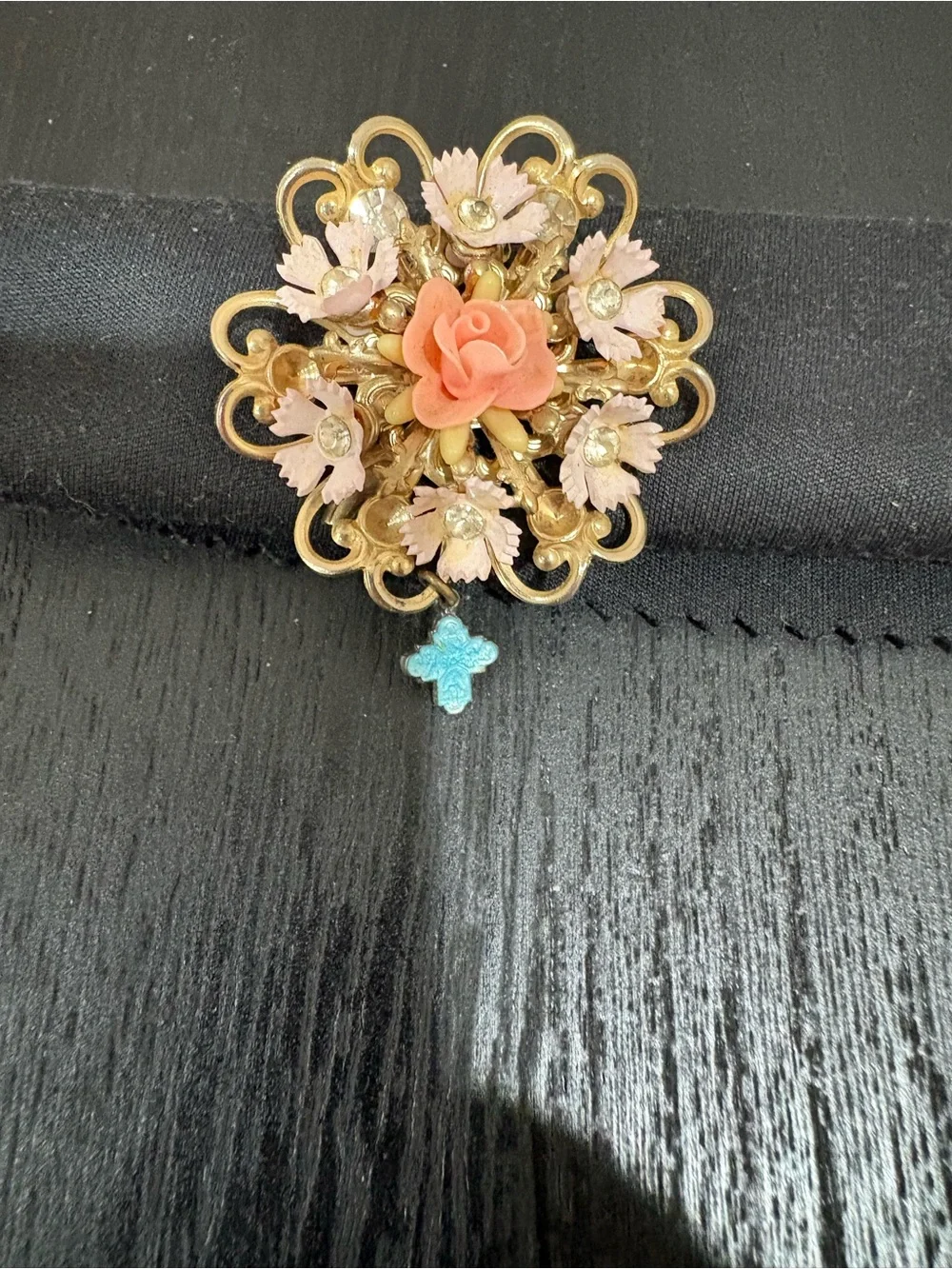 Vintage-Inspired Gold Floral Brooch with Coral Rose and Pink Accents